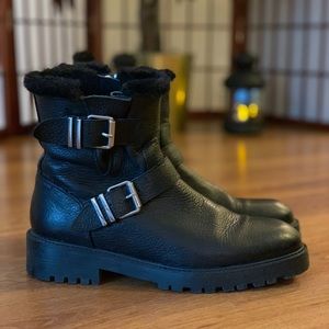Zara leather biker boots fur lined buckle detail